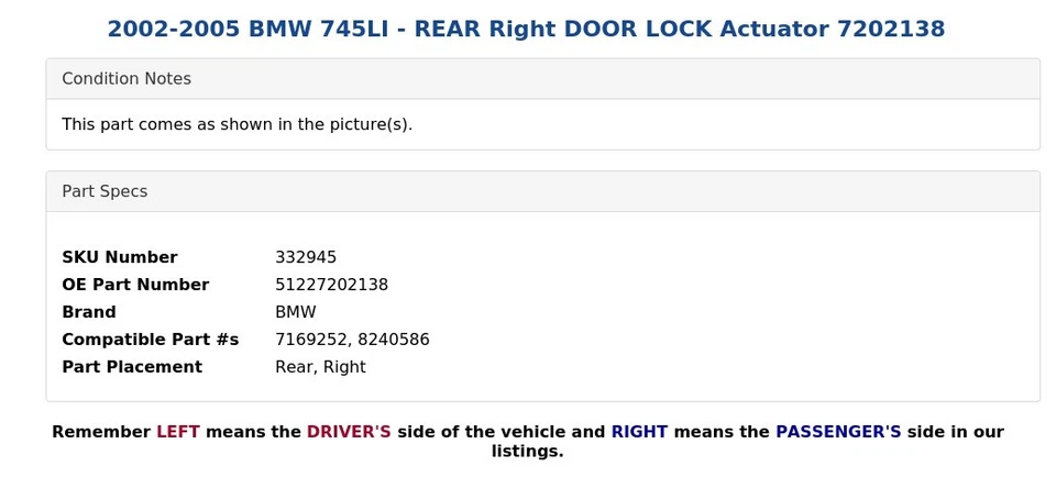 BMW 745LI 2002-2005 - Actuador cerradura puerta trasera derecha 7202138 Foto 3 de 4