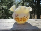 VINTAGE FENTON CUSTARD GLASS FLORAL RUFFLED BOWL - HAND PAINTED & SIGNED