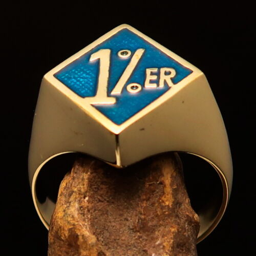 DIAMOND SHAPED MENS BRASS BIKER RING 1% ER ONE PERCENTER SYMBOL BLUE SIZE 11 - Picture 2 of 7