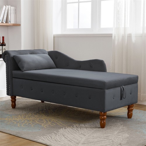 Black Velvet Chaise Lounge for Bedroom with Storage & Pillow, Modern Upholstered - Picture 17 of 20