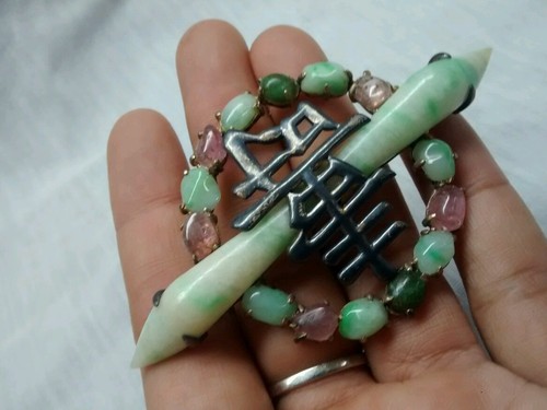 antique Chinese export sterling silver gilt carved jade tourmaline pin brooch - Picture 4 of 6