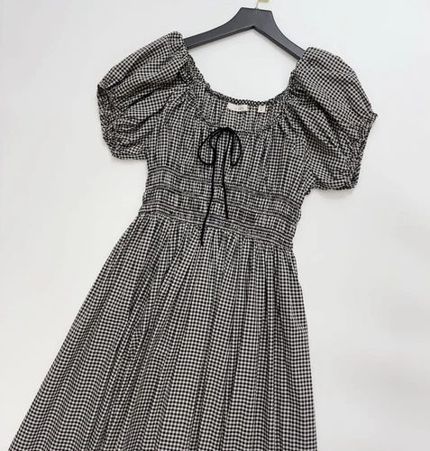 Damen Midikleid Doen Kariert Puffärmel A-Linie - Bild 5 von 13