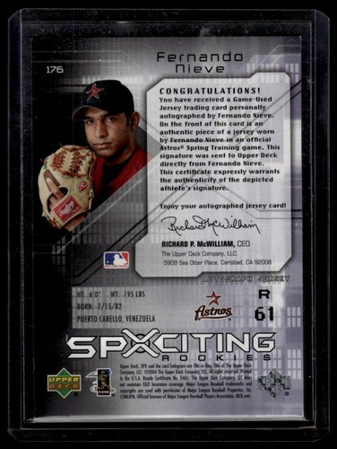 2004 SPx Fernando Nieve Jersey Auto 492/799 Rookie - Picture 2 of 2