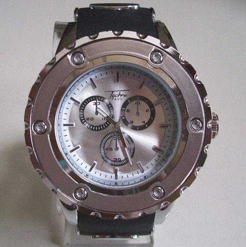 Men's Techno Pave Silver & Black Silicon Band Fashion Casual Hip Hop Watch
