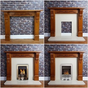 Ornate Oak Fire Surround Mantle Cream Marble Hearth Complete Gas