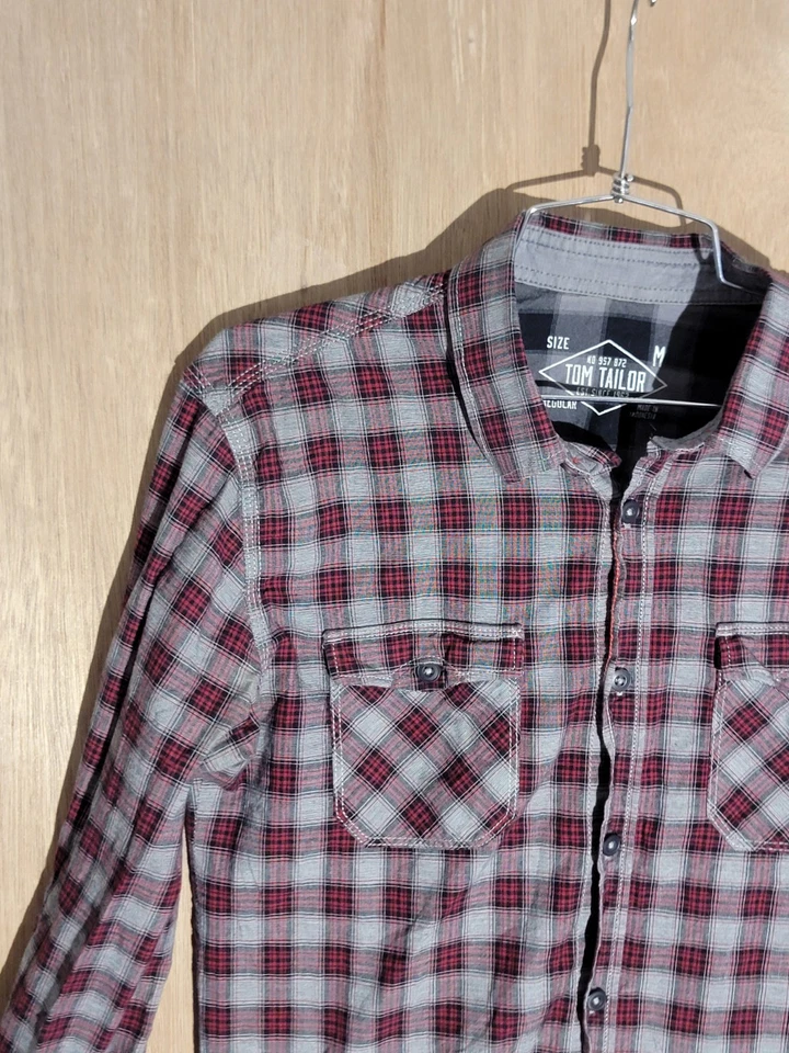 Tom Tailor Mens Plaid Flannel Button-Up Shirt Red Gray Long Sleeve Regular Fit M - Image 2 of 4