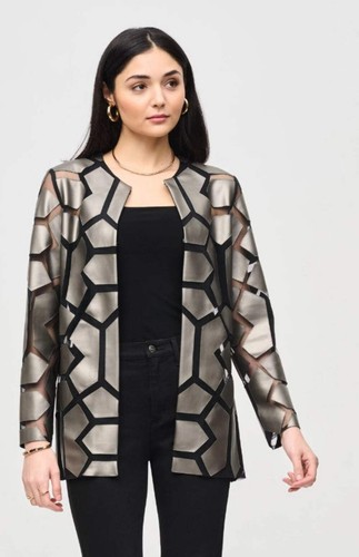 Joseph Ribkoff Faux Leather Geometric Laser Cutout Long Sleeve Jacket 241905 - Picture 35 of 35
