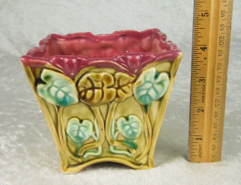 Japanese Art Nouveau Majolica Square Cyclamen Planter French Design 4-1/8 in T