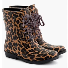 J. Crew Lace Up Leopard Print Waterproof Rubber Ankle Rain Boots  Size 8