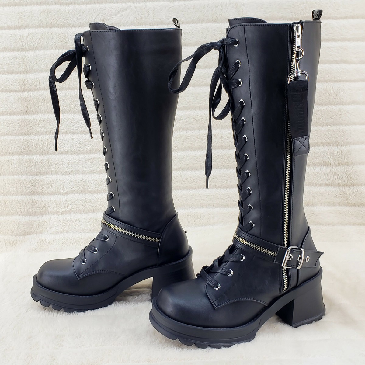 Bratty 206 Zipper Strap Biker Goth Punk Lace Up Knee Boots