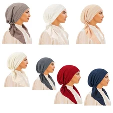 Muslim Women Hijabs Stretch Bonnet Headscarf Cap Long Tail Pre-Tied Turban Hat