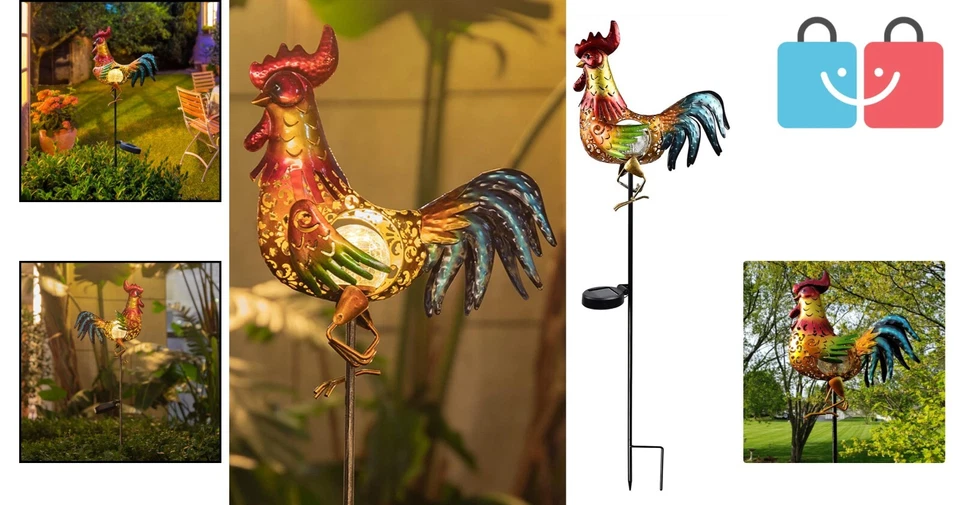 Estatua de jardín de gallo multicolor - Decoración de iluminación solar para amantes del pollo Foto 2 de 4