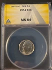 1954 Roosevelt Silver Dime ANACS MS 64, LUSTROUS!!