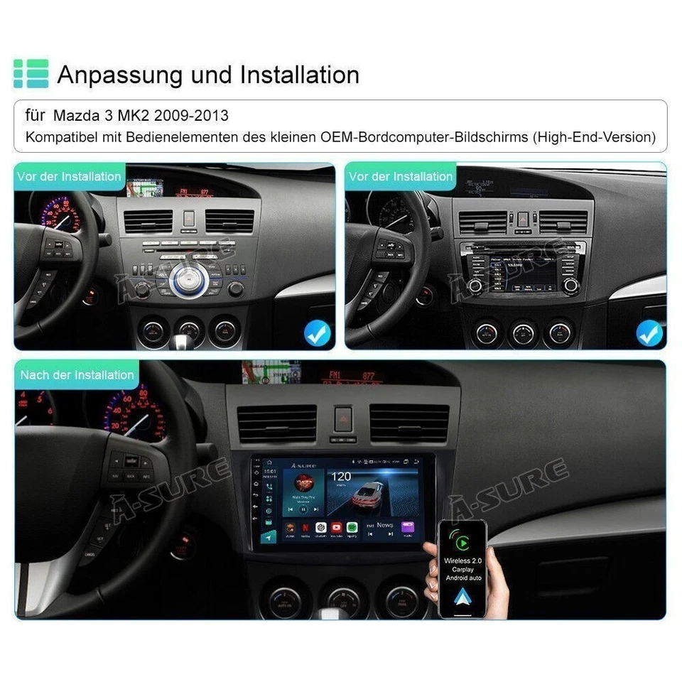 4G+64G Android 14 Autoradio GPS NAVI 4G CarPlay SWC USB Für Mazda 3 2009-2013 BL - Bild 3 von 4