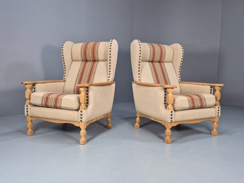 Vintage Wingback Chairs Henning Kjaernulf Oak Beige Orange Striped EB9923 VCLO - Picture 2 of 19