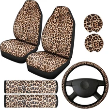 7 Pieces Leopard Print Car Accessories Set, 2 Car Front Seat Covers, Leopard ...