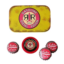 Fallout Red Rocket  Stash Tin and Nuka Cola Caps  EMPLOYEE OF THE MONTH token