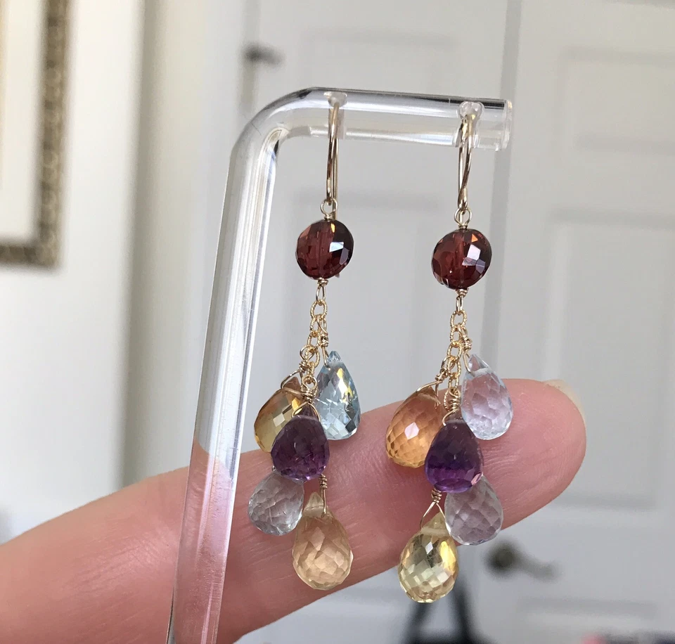 14K Gold Multi Gemstone Earrings Dangle Drop Briolette Aquamarine Citrine Topaz Foto 3 de 4