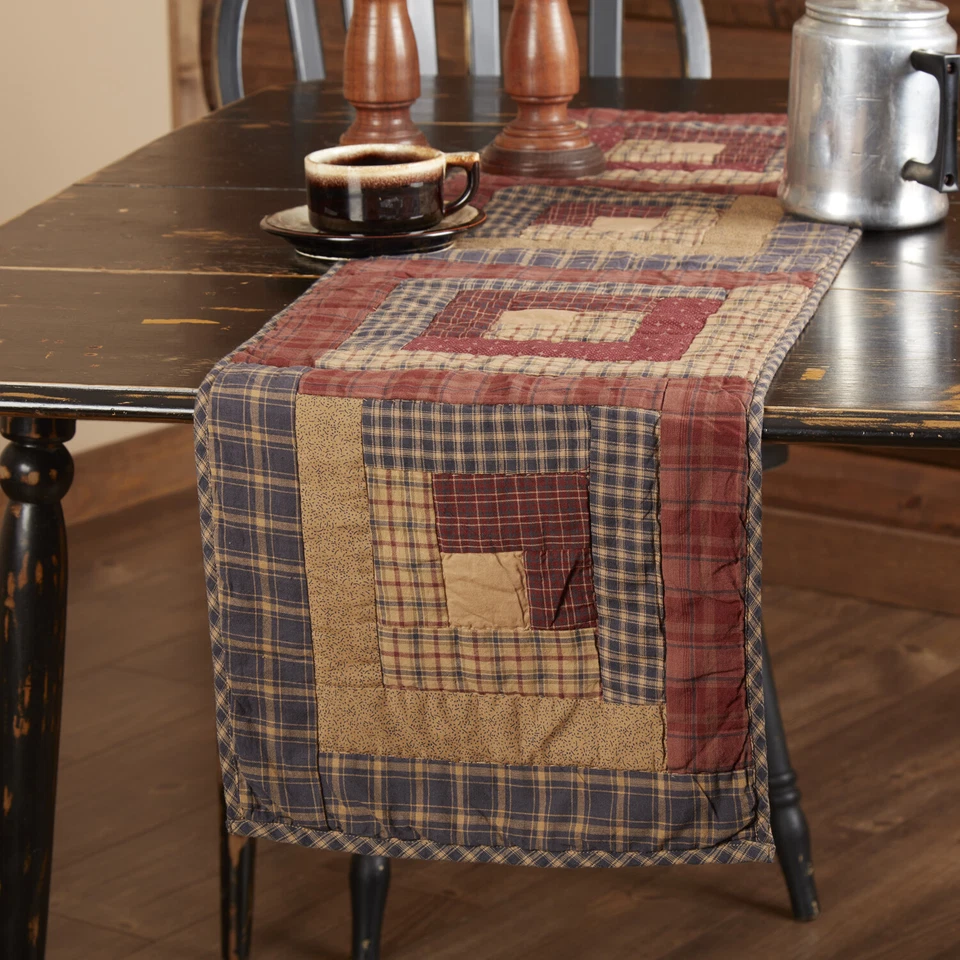 48" Hand Quilted Table Runner Log Cabin Patchwork Red Tan Navy Blue Millsboro - Image 3 of 4