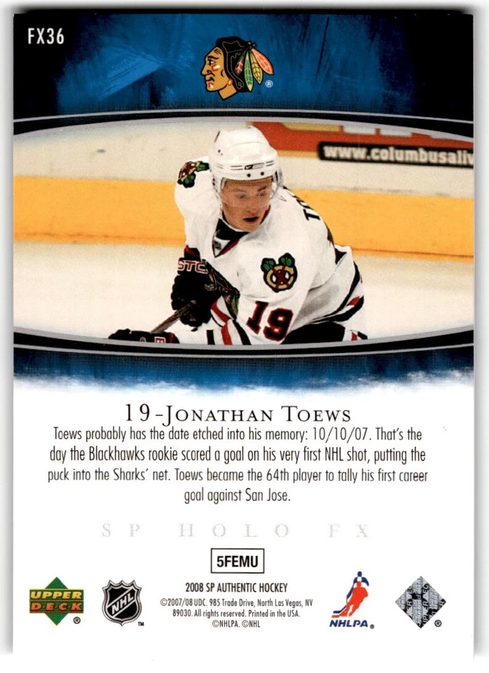 2007-08 SP Authentic Holoview FX Jonathan Toews* #FX36 Chicago Blackhawks - Image 2 of 2