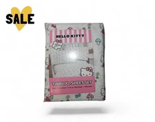 Hello Kitty Twin XL Sheet Set Flowers Mushrooms 3 Pc Set Flat Fitted Pillowcase