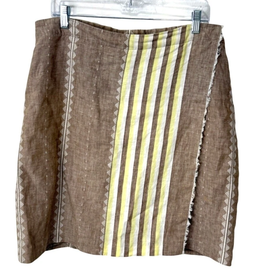 J. Jill Love Linen Skirt Faux Wrap Brown Striped Womens Size M