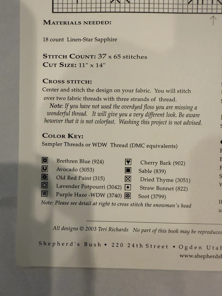 Shepard’s Bush Printworks Cross Stitch Pattern WINTER GARDEN and Buttons - Image 2 of 4