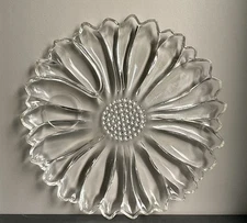 Hazel Atlas SUNFLOWER Luncheon Snack Plate 10" Clear Glass Heavy Daisy Set Of 6