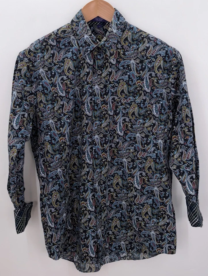Alan River Para Hombres Mediano Paisley Boho Bohemio Negro Abotonado Cuadros Puño Abatible Foto 2 de 4