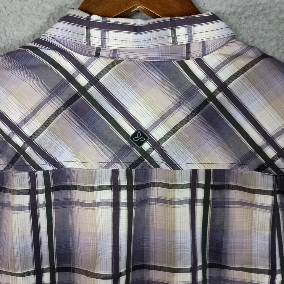 Prana Shirt Men's Medium Purple White Plaid Short Sleeve Button-Up Casual Summer - Image 4 of 4