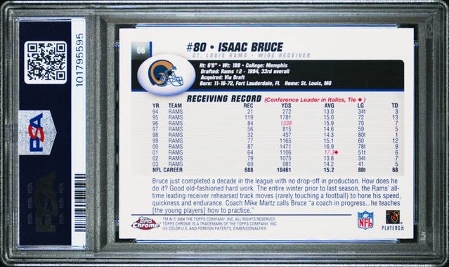 2004 TOPPS CHROME #66 ISAAC BRUCE PSA 10 GEM MINT HOF POP 2 RAMS - Image 2 of 2