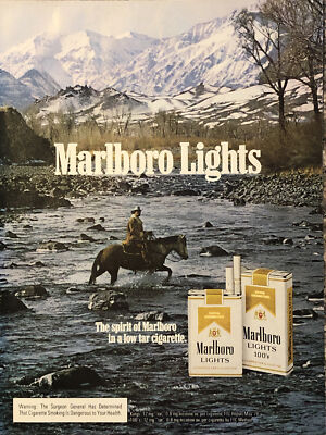 Marlboro Lights のぼり 布 1978 Marlboro Lights PRINT AD Cowboy Ride Horse Stream Snow