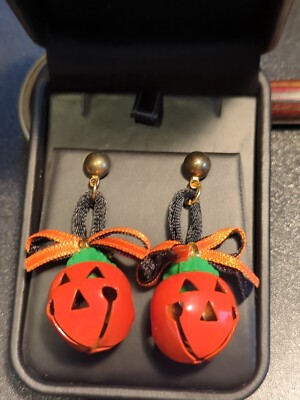 Halloween Jack O Lantern Pumpkin Bell Dangle Pierced Posts Earrings ...