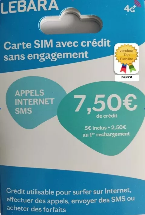 Carte sim prépayée lebara mobile 4G 7,5€ de credit inclus(reseau