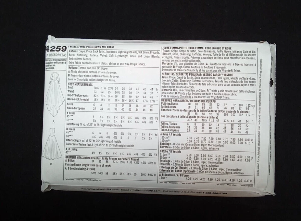 Simplicity Retro Pattern 4259 Misses Size 6-14 Gown Wedding Dress Bridesmaid UC - Image 4 of 4