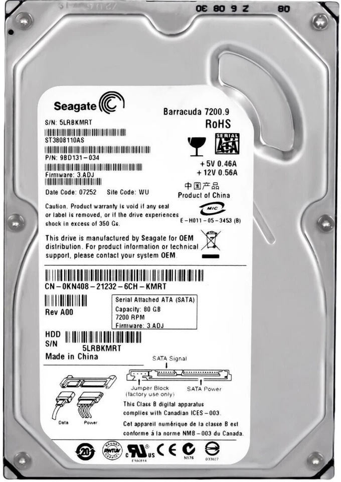 Hard Drive Dell 0KN408 ST3808110AS 80GB 7200U/Min 8MB SATA II 3.5 " - Image 3 of 3