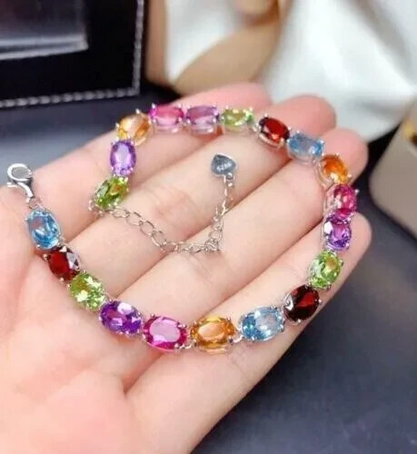 6Ct Oval Lab Created Multi Color Gemstones Tennis Bracelet 14K White Gold Plated - Picture 1 of 7