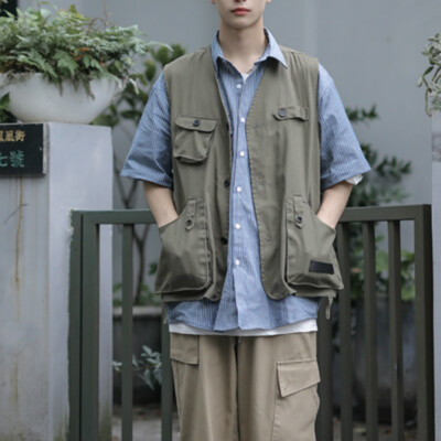 Men Multi Pocket Vest Cargo Tops Sleeveless Jacket Outdoor Work
