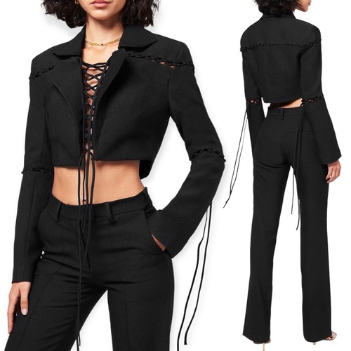 NEW Aya Muse Sycamore Cropped Blazer Jacket Cut Out Tie Black Women Size M $1050
