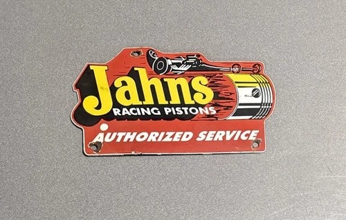 VINTAGE 12” JAHNS RACING PISTONS PORCELAIN SIGN CAR OIL GAS TRUCK MOTORCYCLE