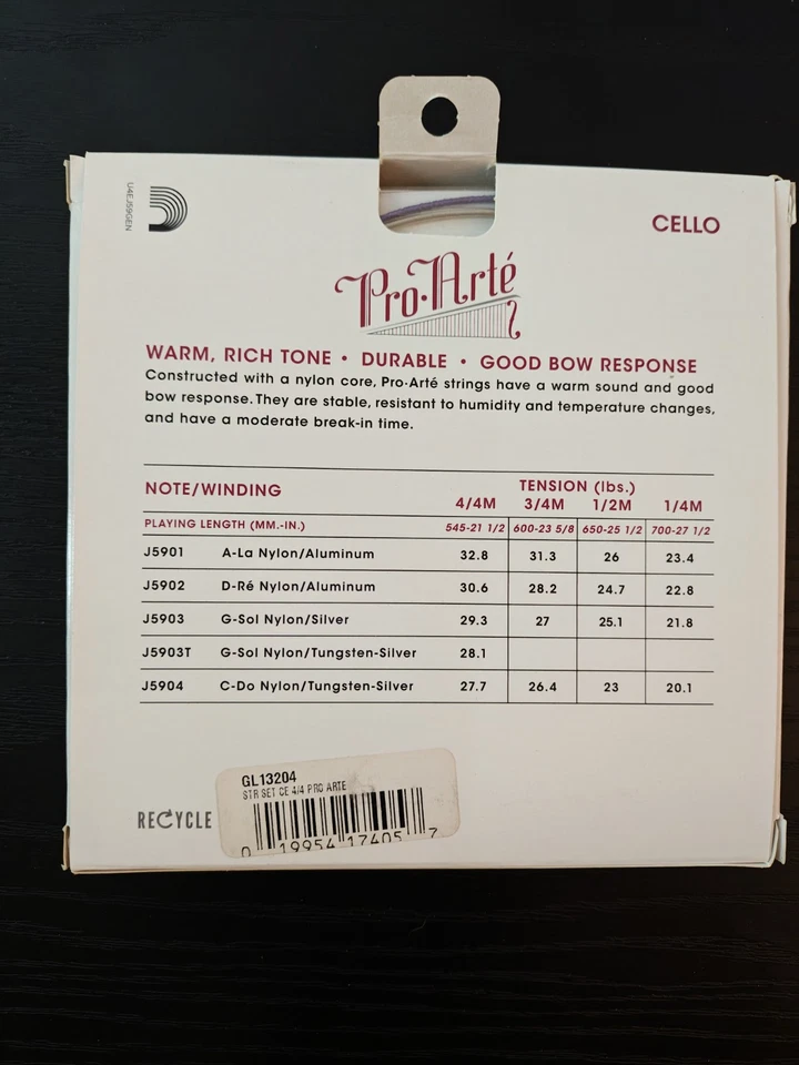 D'Addario Pro-Arte 大提琴弦套装,4/4 比例,J59,中等张力 — 第 2/2 张图片