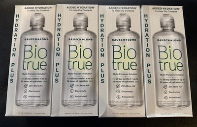 4 Pack Biotrue Hydration Plus Contact Lens Solution, 4x Lense Case Incl, 10oz Ea