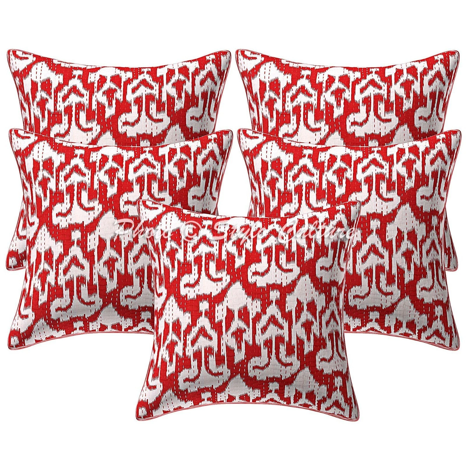 Bohemian Cotton Throw Pillow Covers Kantha Red Ikat Home Decor Cushion Cover