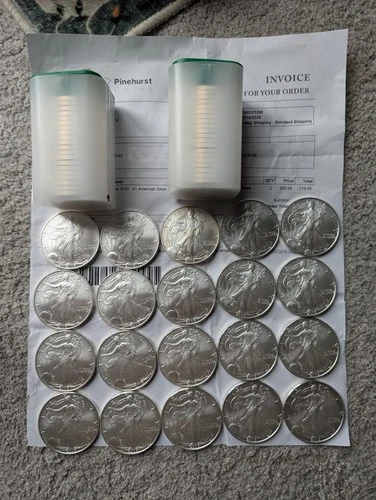 2 Rolls of 20 (total 40 coins) - $1 American Silver Eagle 1 oz Random Year BU