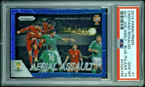 Cristiano Ronaldo 2014 Panini Prizm World Cup Aerial Assault BLUE PULSAR PSA 10