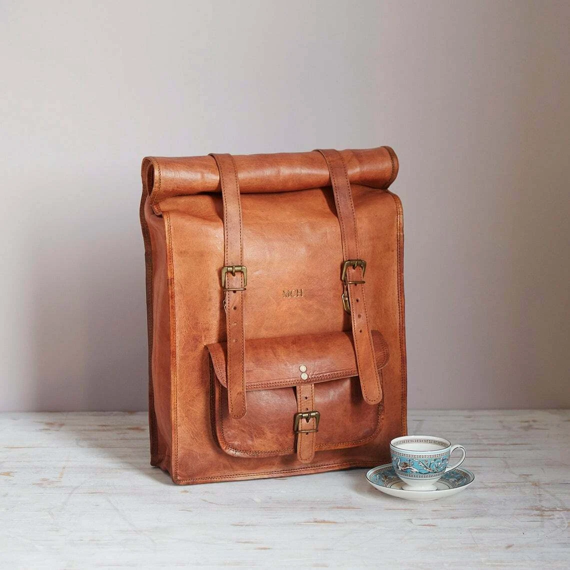 Men's New Genuine Leather Roll Top Laptop Computer Rucksack Travel Backpack Bag