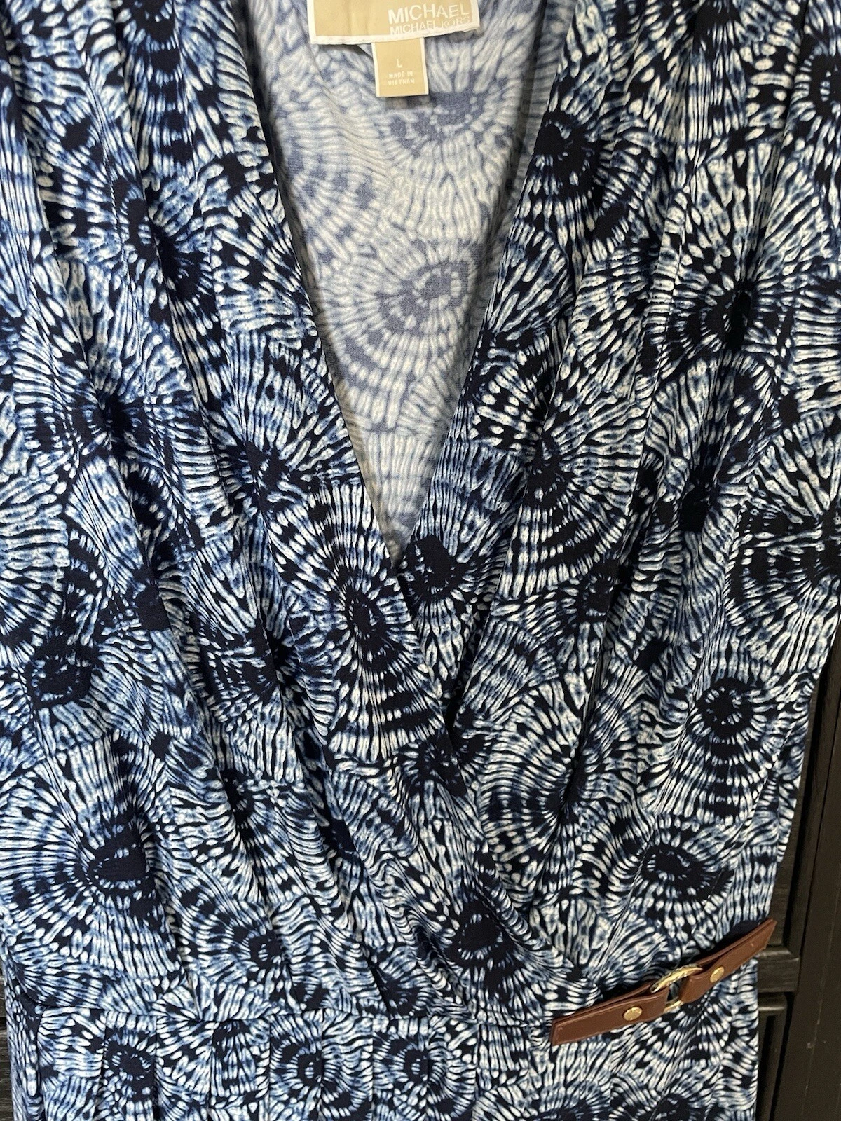 ABITO BATIK NUOVO SENZA ETICHETTE MICHAEL KORS PARASOLE BLU BIANCO STAMPA CON DETTAGLIO EQUITAZIONE GRANDE