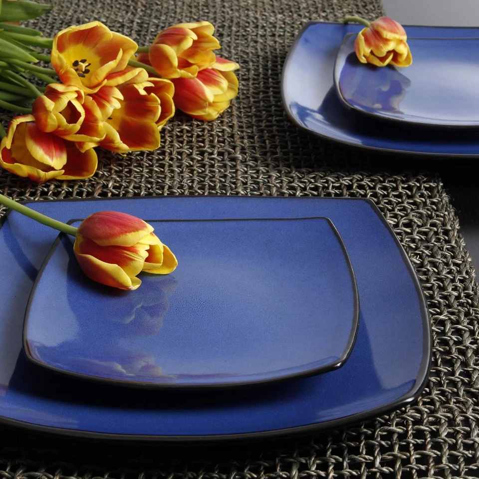 Gibson Soho Lounge 16 Piece Square Dinnerware Set, Blue, Dishwasher Stoneware - Image 2 of 4
