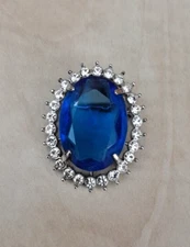 Vintage 80s Silver Tone Stunning Faceted Blue Glass Brooch with Loop for Pendant