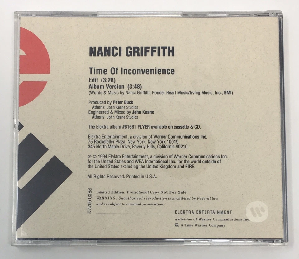 NANCI GRIFFITH “Time Of Inconvenience” Promo CD Single Nanci Griffith Estate - Image 2 of 4